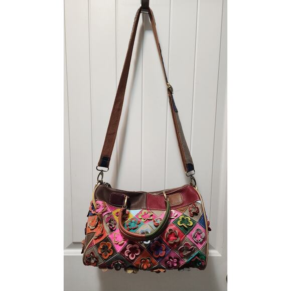 HESHE Leather Handbag Purse Flower Adjustable Strap Multicolored Boho Hippie - Picture 1 of 15